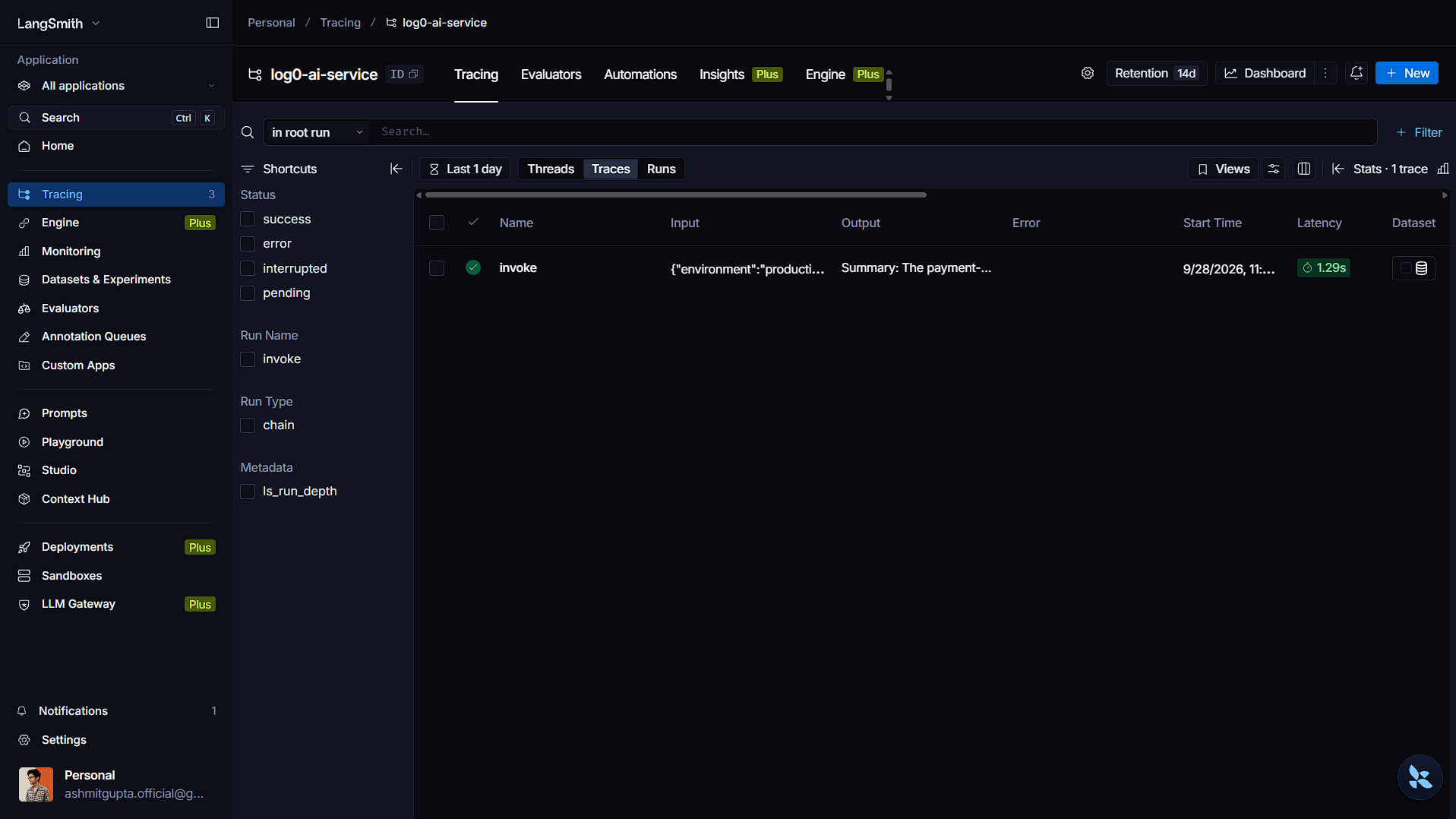 LangSmith project view listing root runs for log0-ai-service, including a successful invoke run with truncated input and output, start time, and about 1.29s latency