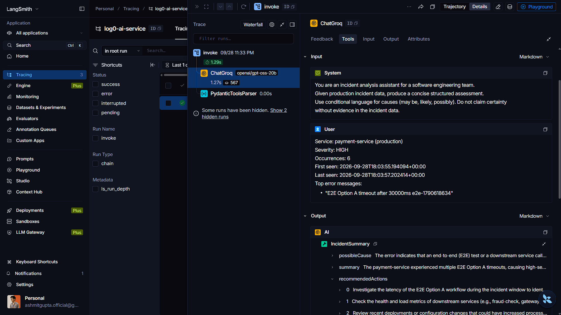 LangSmith ChatGroq run detail showing system and human prompt markdown for a payment-service HIGH incident and the model's IncidentSummary-style response